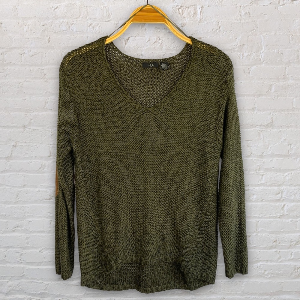 Dark Green RDI V-Neck Sweater with Elbow Patches Size Medium